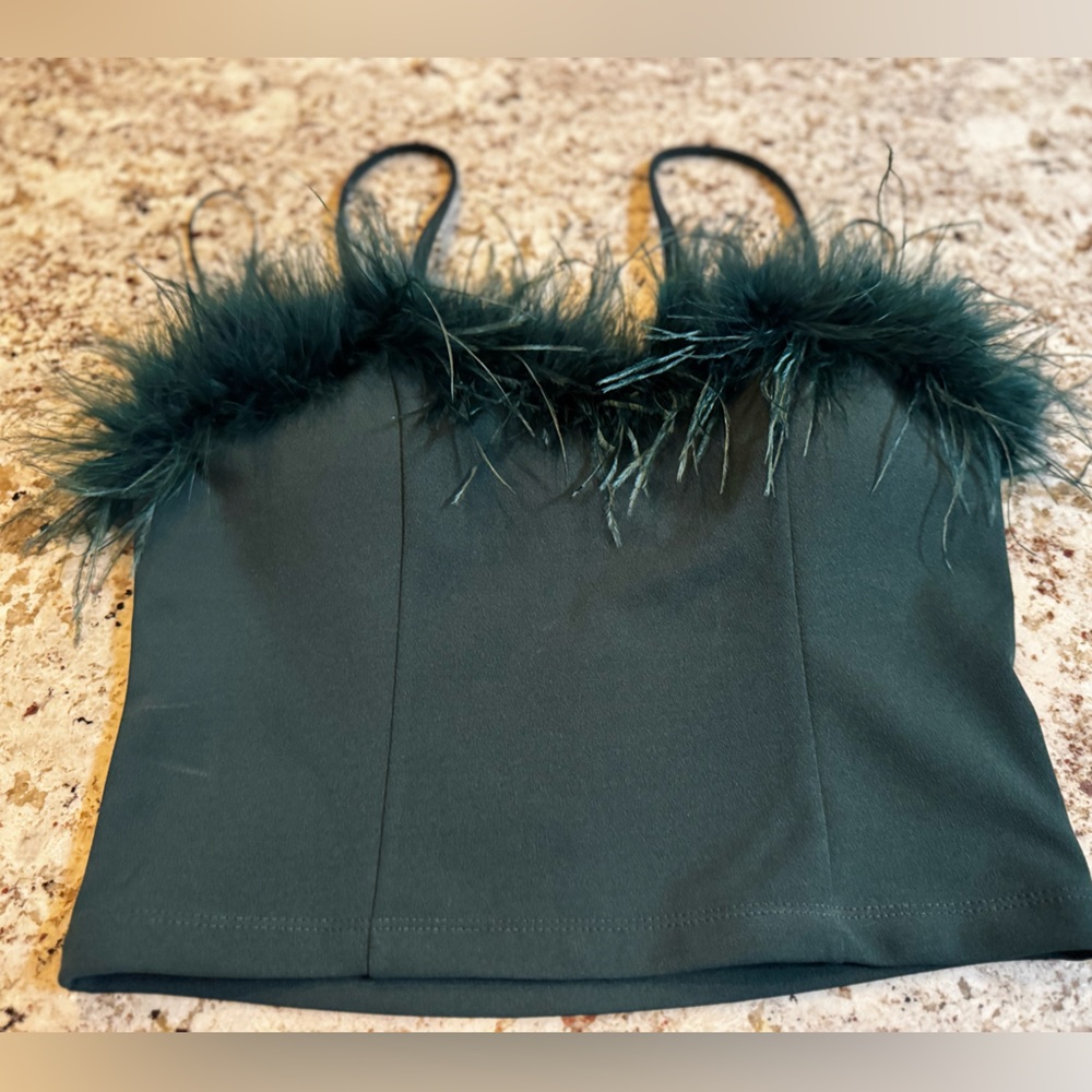 Elegant Feather Trimmed Green Top
